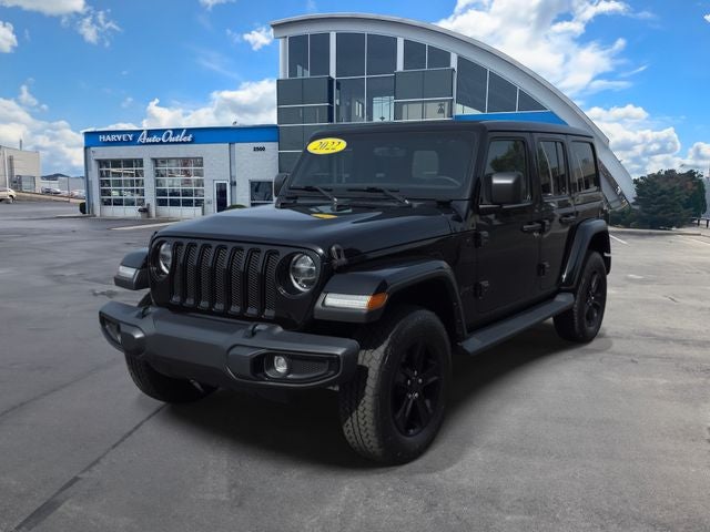 2022 Jeep Wrangler Unlimited Sahara Altitude in Black Clearcoat — front three-quarter view